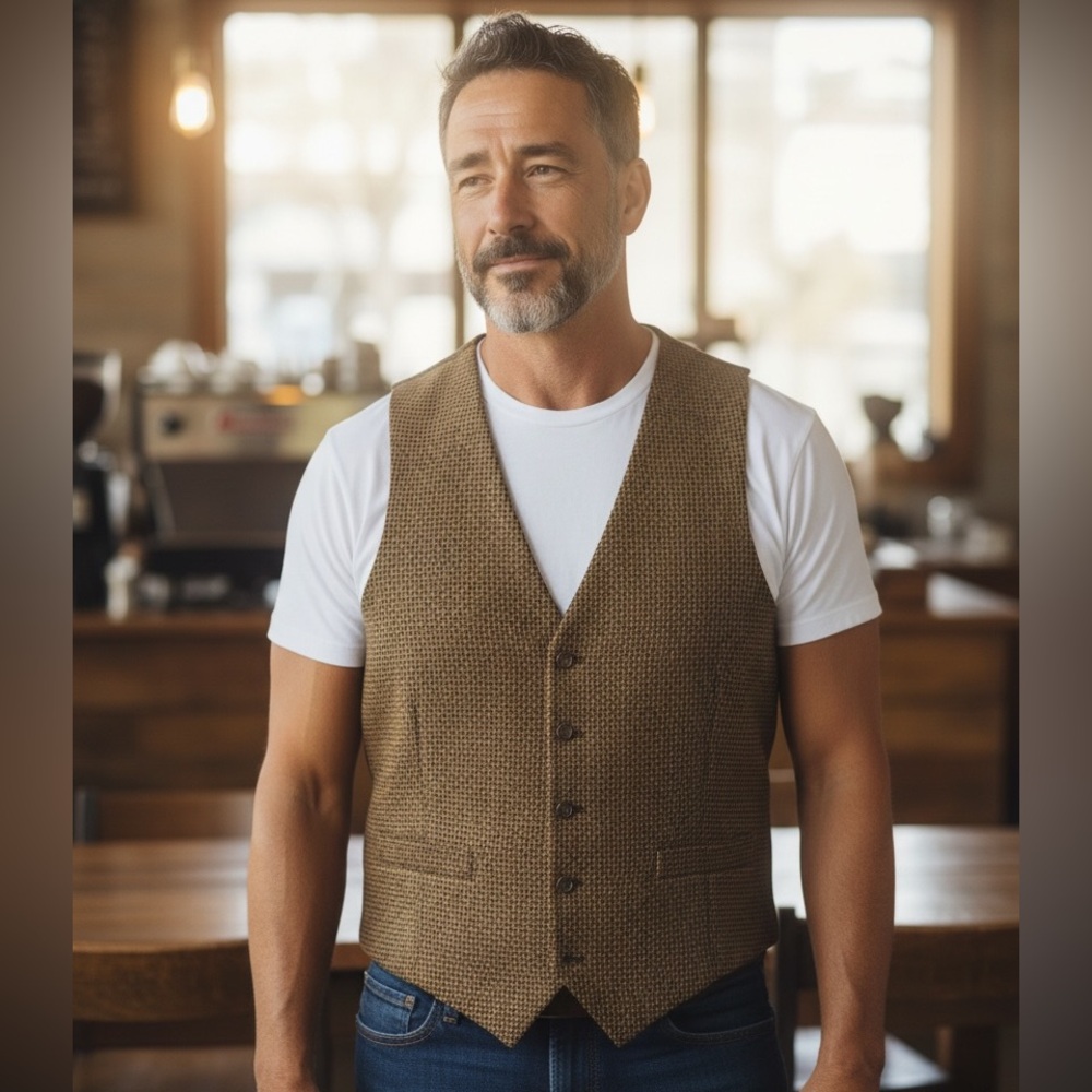 Vintage NOS Paul Fredrick 1998 100% Wool Vest Mens Houndstooth brown  Size 42